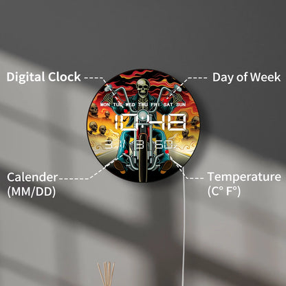 Motorcycle Rider Skull Biker Smart Dimming LED Digital Wall Clock 12/24hour Timer Electric Clock with Calendar Date Temperature