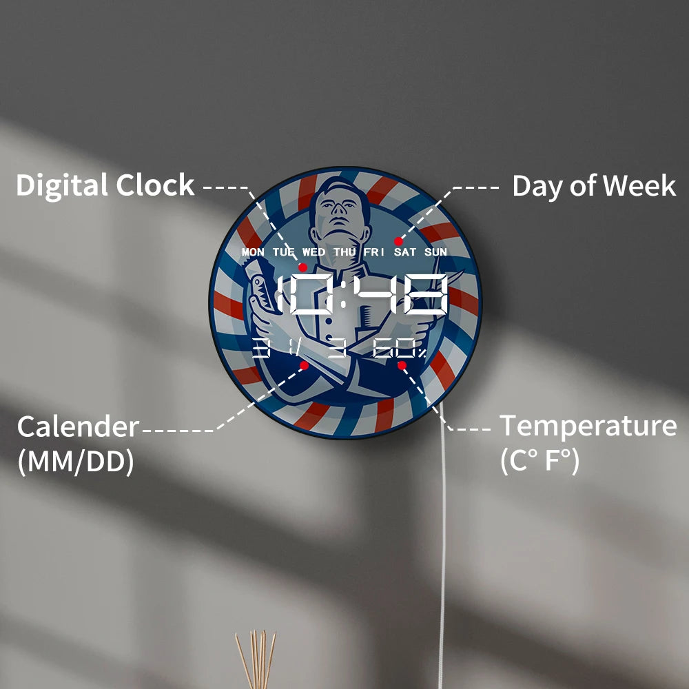 Retro Style Barber Shop Electric Wall Clock Stripped Barber Pole LED Digital Wall Clock Large Time Numeric Display Wall Desk Use