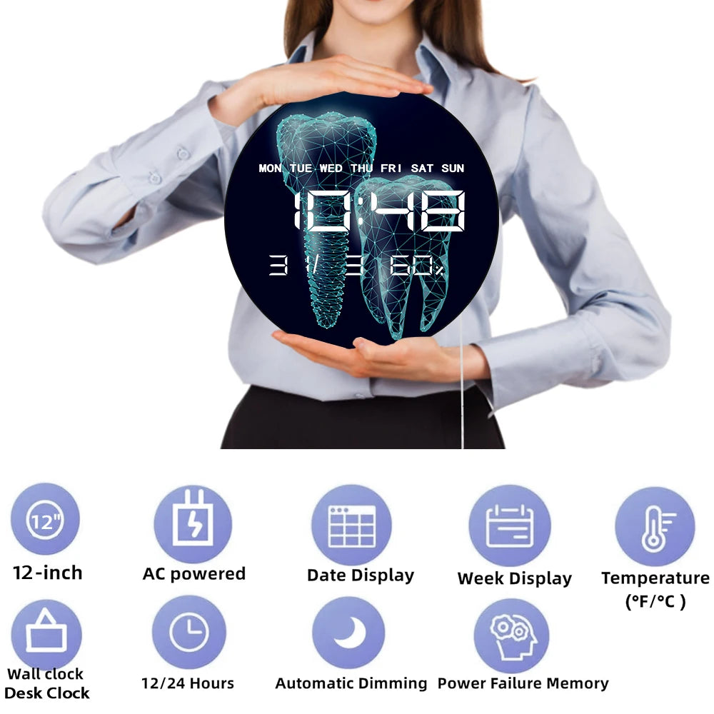Molar Tooth Professional Dental Clinic LED Digital Wall Clock Dentistry Medical Artwork Large Number Display Electric Wall Clock