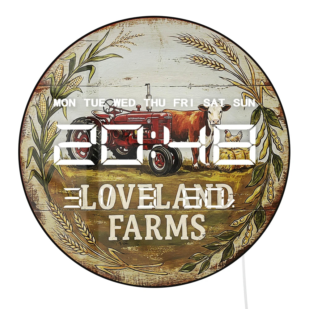 Retro Red Tractor LED Digital Clock Wall Desk Use Loveland Farms Retor Home Farmhouse Decorative 12/24hour Electronic Wall Clock