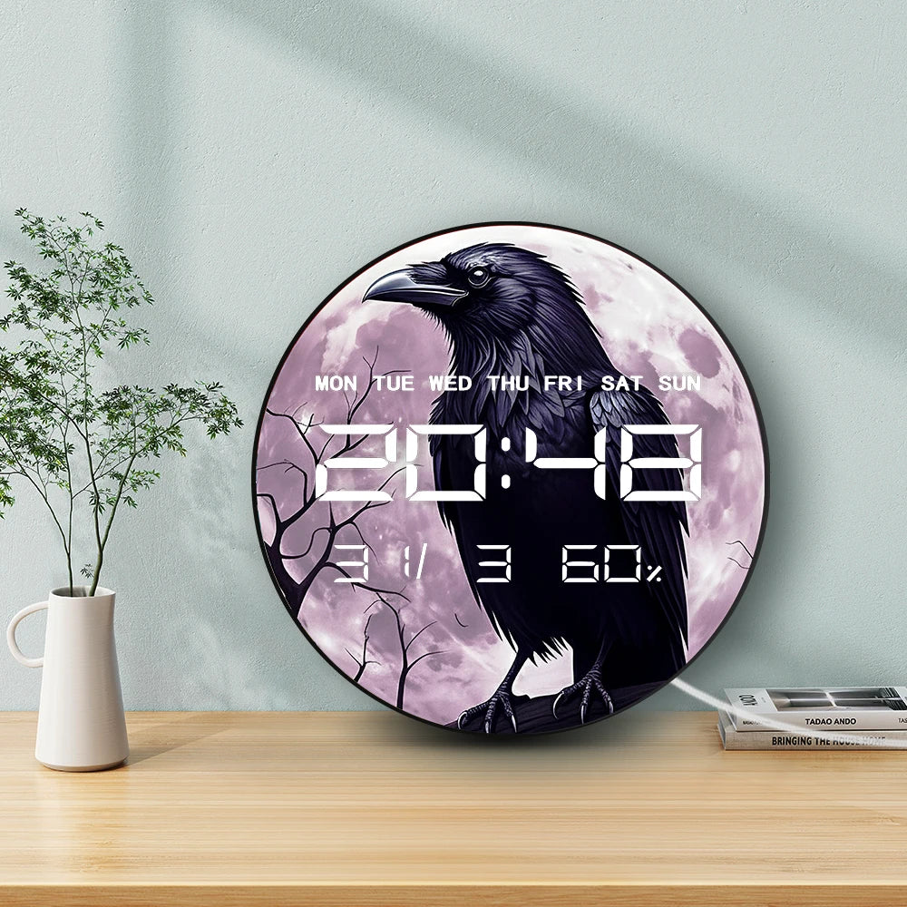 Gothic Raven On Tree Purple Moon Smart Dimming LED Wall Digital Clock Timer 12/24hour Electronic Wall Clock with Jumbo Numbers