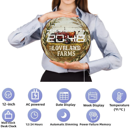 Retro Red Tractor LED Digital Clock Wall Desk Use Loveland Farms Retor Home Farmhouse Decorative 12/24hour Electronic Wall Clock
