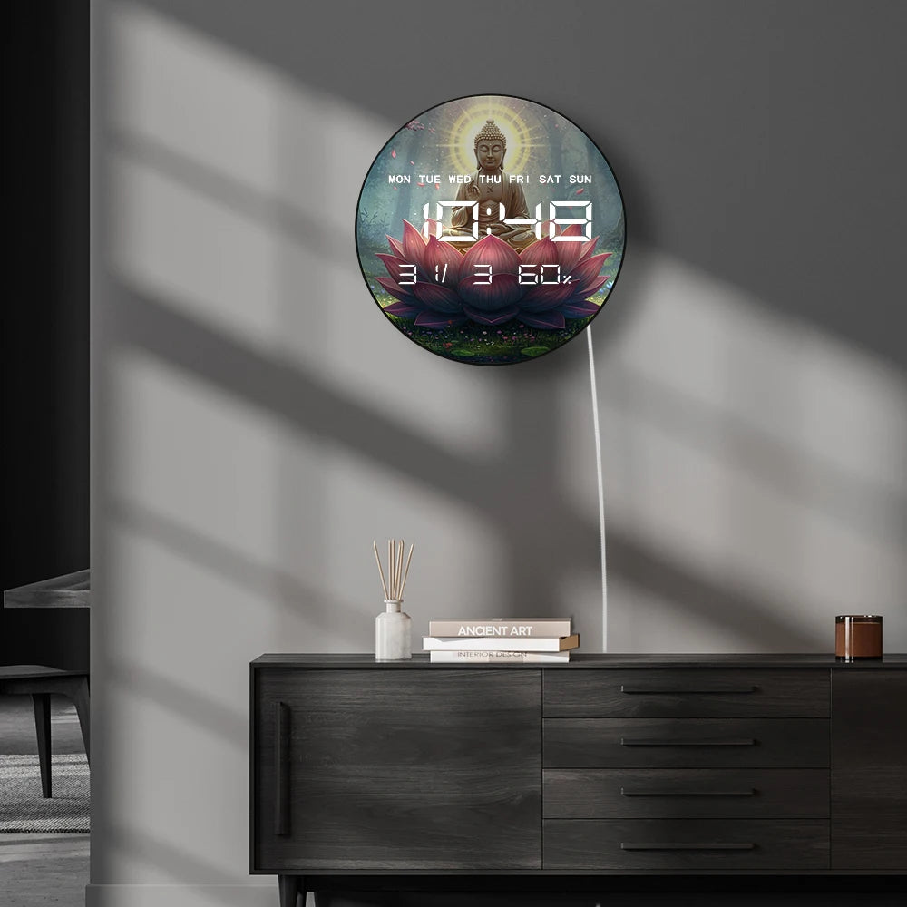 Buddha Seated on Giant Lotus Digital Wall Clock with LED Display Calendar Temperature Automatic Dimming 12/24hr Electronic Clock