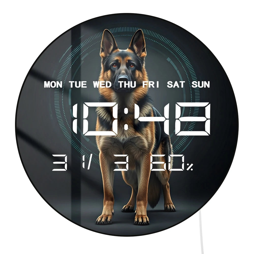 Guard Dog German Shepherd Modern Design Wall Clock with Timer Date Temperature Display Puppy Pet Memorial Digital Wall Clock