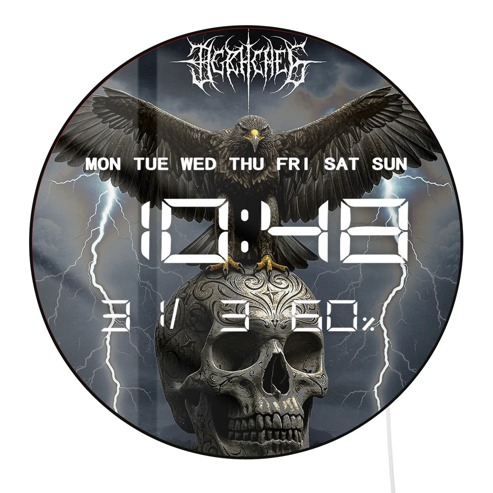 Eagle on Skull Head Wall Desk Use Digital Timer Clock with Temperature Humidity Cal Date Large Display LED Digital Wall Clock