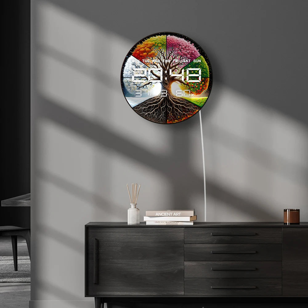 Four Seasons Tree of Life Multifunctional LED Digital Wall Clock Electronic Wall Clock with Calendar Date Humidity Temperature