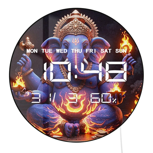 Lord Ganesha with Fire Guardian LED Auto Dimming Digital Clock Timer Electronic Wall Clock Big Display Calendar Date Temperature