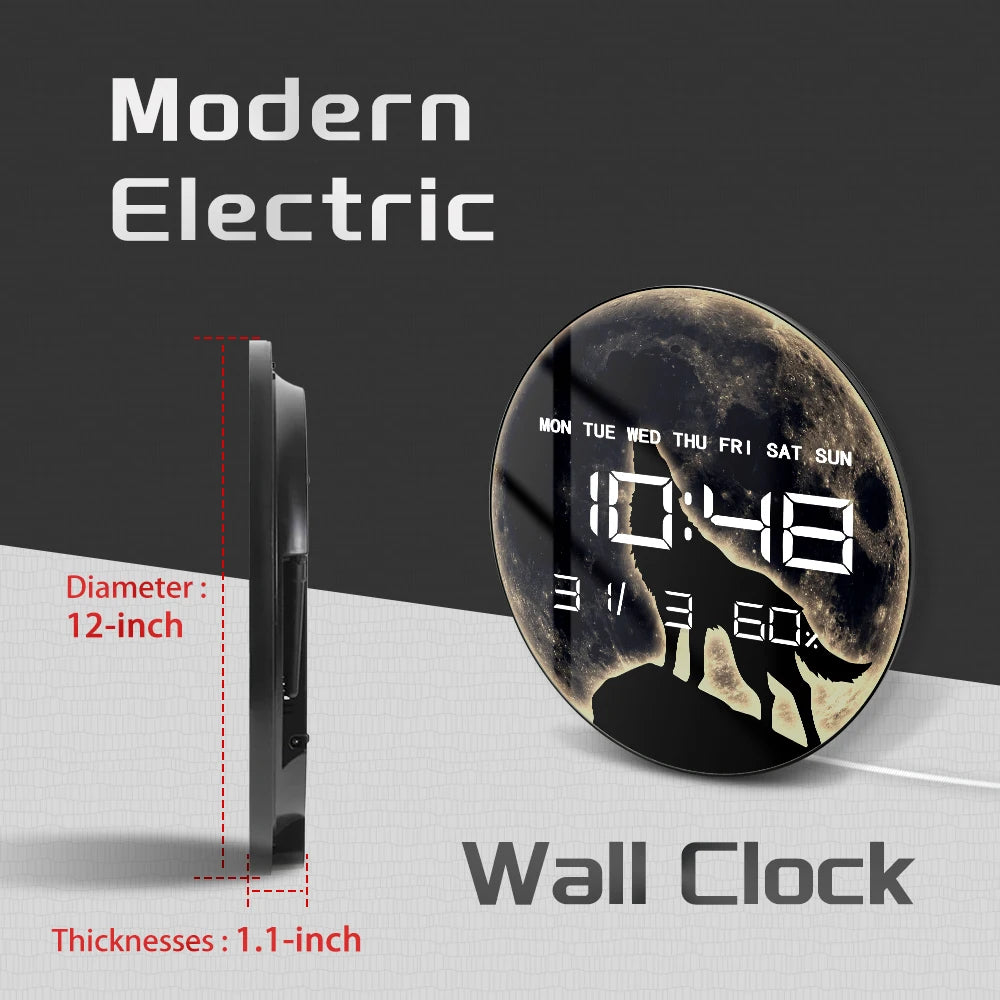 Howling Wolf Full Moon LED Auto-Dimming Digital Wall Clock For Man Cave Bedroom Wildlife Nature Artwork Electronic Wall Clock