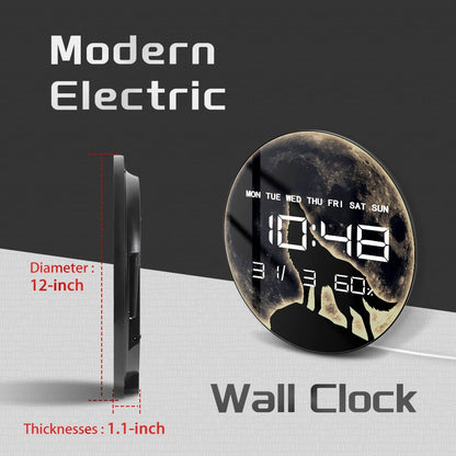Howling Wolf Full Moon LED Auto-Dimming Digital Wall Clock For Man Cave Bedroom Wildlife Nature Artwork Electronic Wall Clock