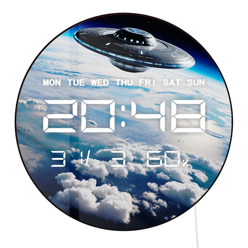 UFO Flying Earth Atmosphere LED Digital Wall Clock with Calendar Date Temperature Sci Fi Home Decor 12/24hr Electric Wall Clock