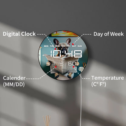 French Bulldog Reading Newspaper On Toilet Auto Dimming LED Digital Wall Clock with Electric Timer Date Temperature 12/24hour