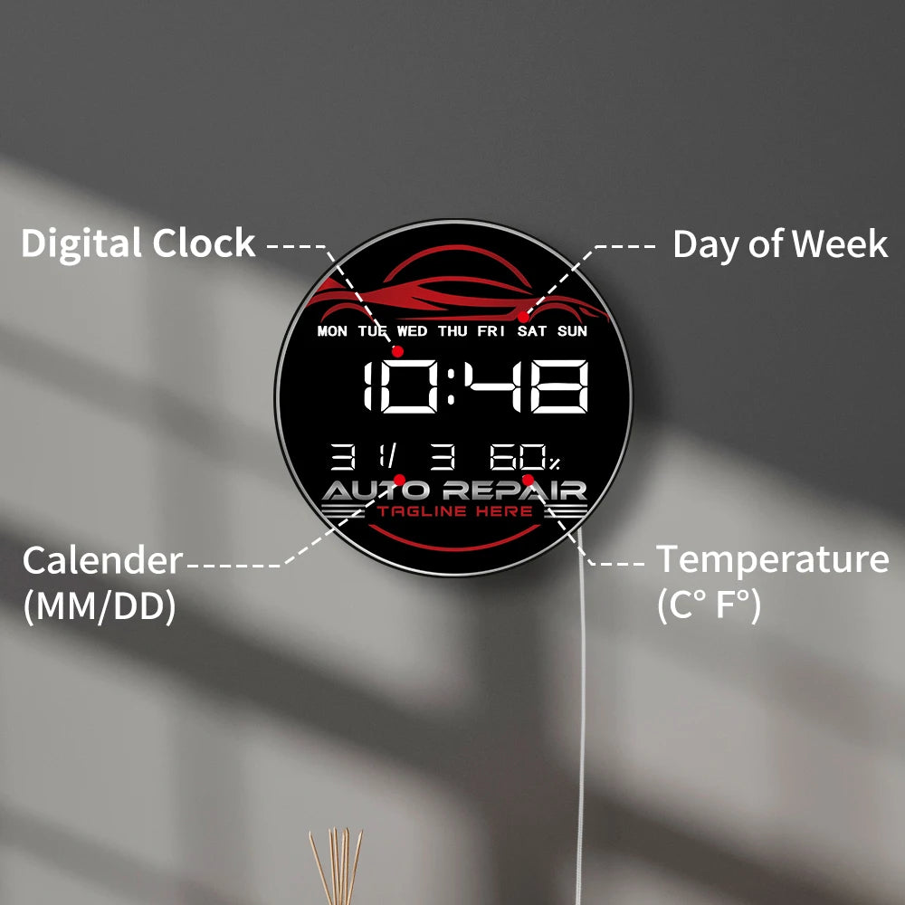 Auto Repair Car Service Garage LED Digital Wall Clock with Calendar Temperature Auto Dimming 12/24hr Format Electronic Clock