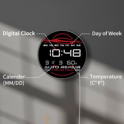 Auto Repair Car Service Garage LED Digital Wall Clock with Calendar Temperature Auto Dimming 12/24hr Format Electronic Clock