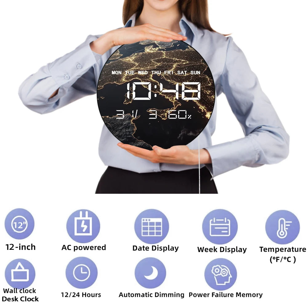 Space View Of Earth At Night LED Digital Wall Clock with Calendar Temperature Auto Dimming 12/24hr Format Electronic Wall Clock