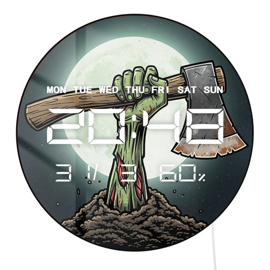Zombie Arm Holding Axe with Full Moon Electronic Wall Clock with 12/24hr LED Digital Display Calendar Date Temperature Humidity