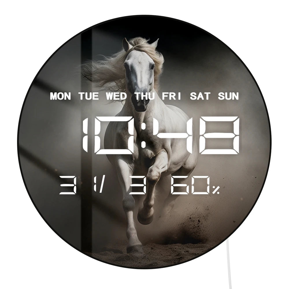 Running Horse Digital Wall Clock with Glowing LED Display Calendar Temperature Freedom Animal Home Decor Electronic Wall Clock