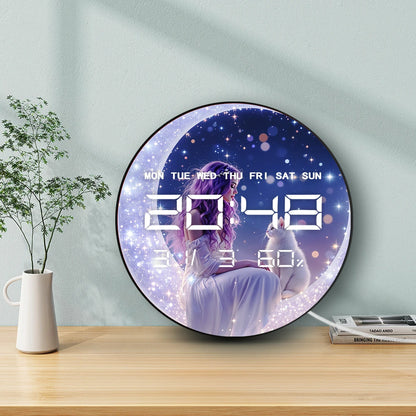 Magic Fairy with Cat Auto Dimming LED Digital Wall Clock Milky Way Stars Home Decor Crescent Moon 12/24 Hour Electric Wall Clock