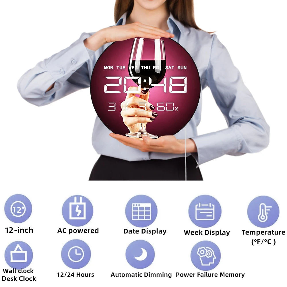 Elegant Glass of Red Wine Modern Design LED Digital Wall Clock for Home Bar Pub Samrt Auto Dimming 12/24hr Electronic Wall Clock