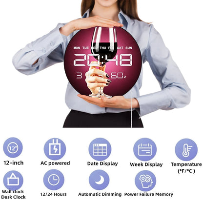 Elegant Glass of Red Wine Modern Design LED Digital Wall Clock for Home Bar Pub Samrt Auto Dimming 12/24hr Electronic Wall Clock