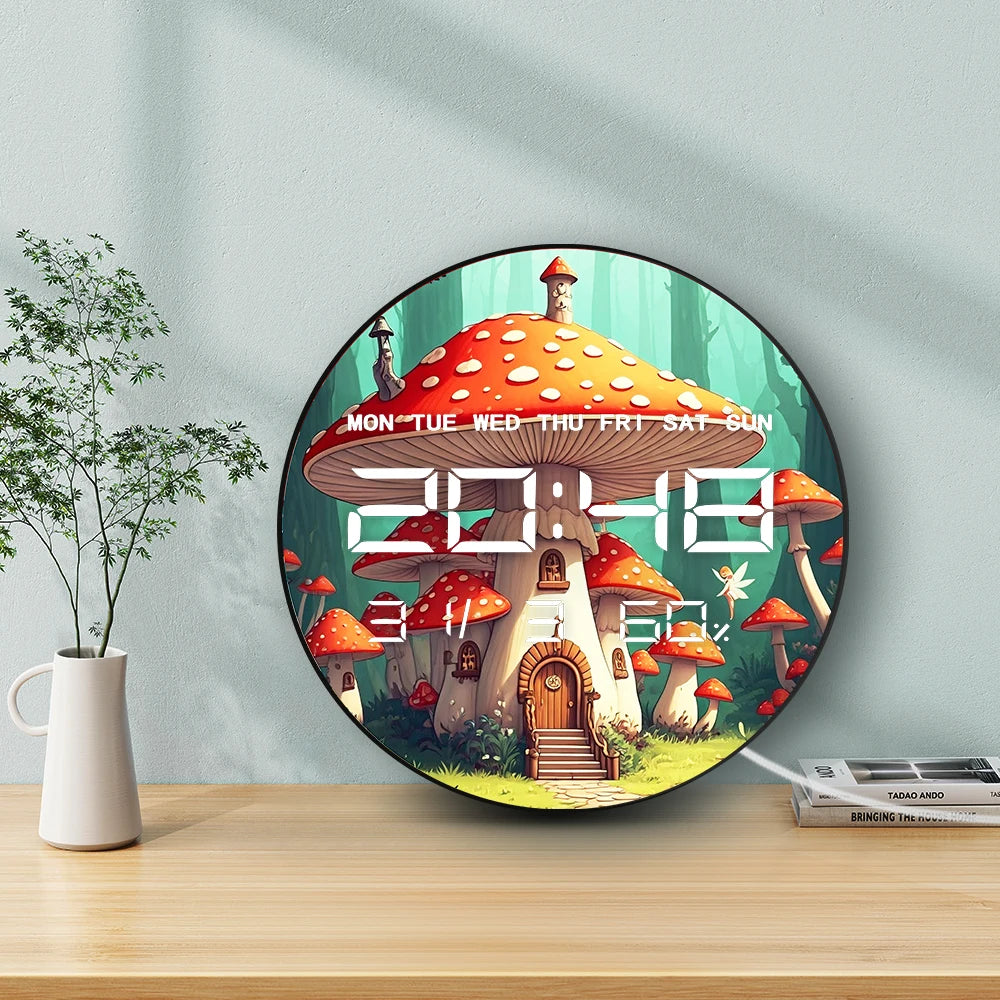 Amanita Mushroom House 12/24hour Electronic Wall Clock with Temperature Calendar Date Fairy Tale Home Decor Digital Clock Timer