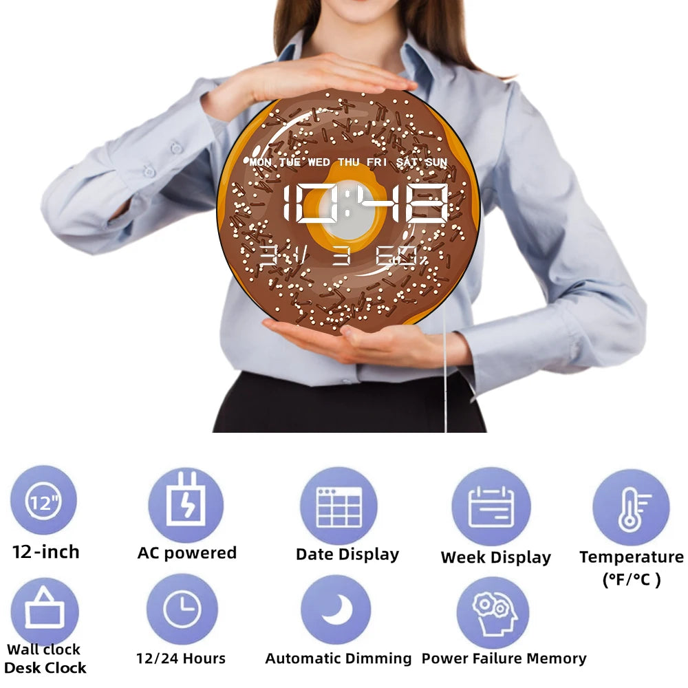 Sweet Donuts LED Digital Wall Clock for Sweet Dorm Dessert Food Art Electronic Kitchen Home Wall Clock Large Numeric Display