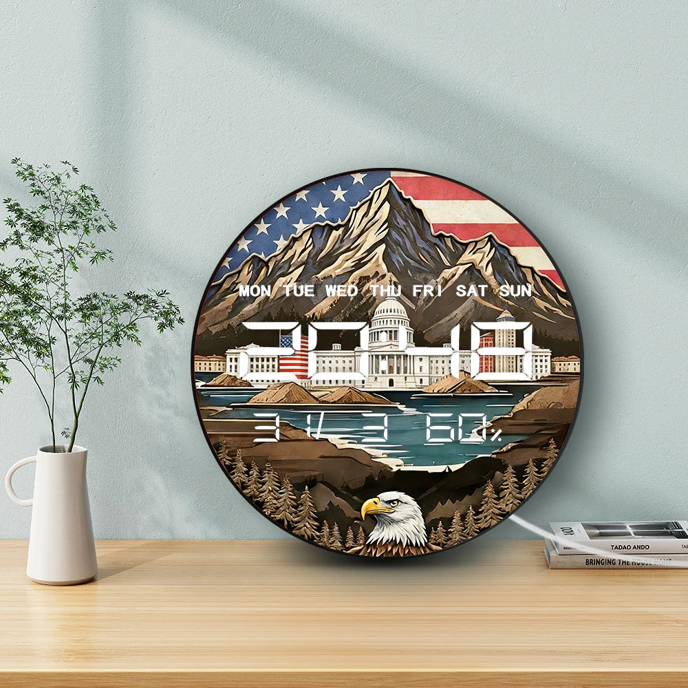 Tennessee Mountains With American Flag Eagle LED Digital Wall Clock Patriotic Home Decor 12/24hour Timer Electronic Wall Clock