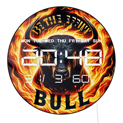 Fiery Bull with Flame Electronic Wall Clock Big LED Digital Wall Clock with Calendar Date Temperature Majestic Animal Home Decor
