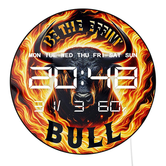 Fiery Bull with Flame Electronic Wall Clock Big LED Digital Wall Clock with Calendar Date Temperature Majestic Animal Home Decor