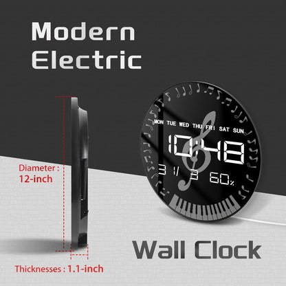 G-clef Music Notes LED Auto Dimming Digital Wall Clock Round Piano Keyboard Electronic Wall Clock Large Numeric Display Clock