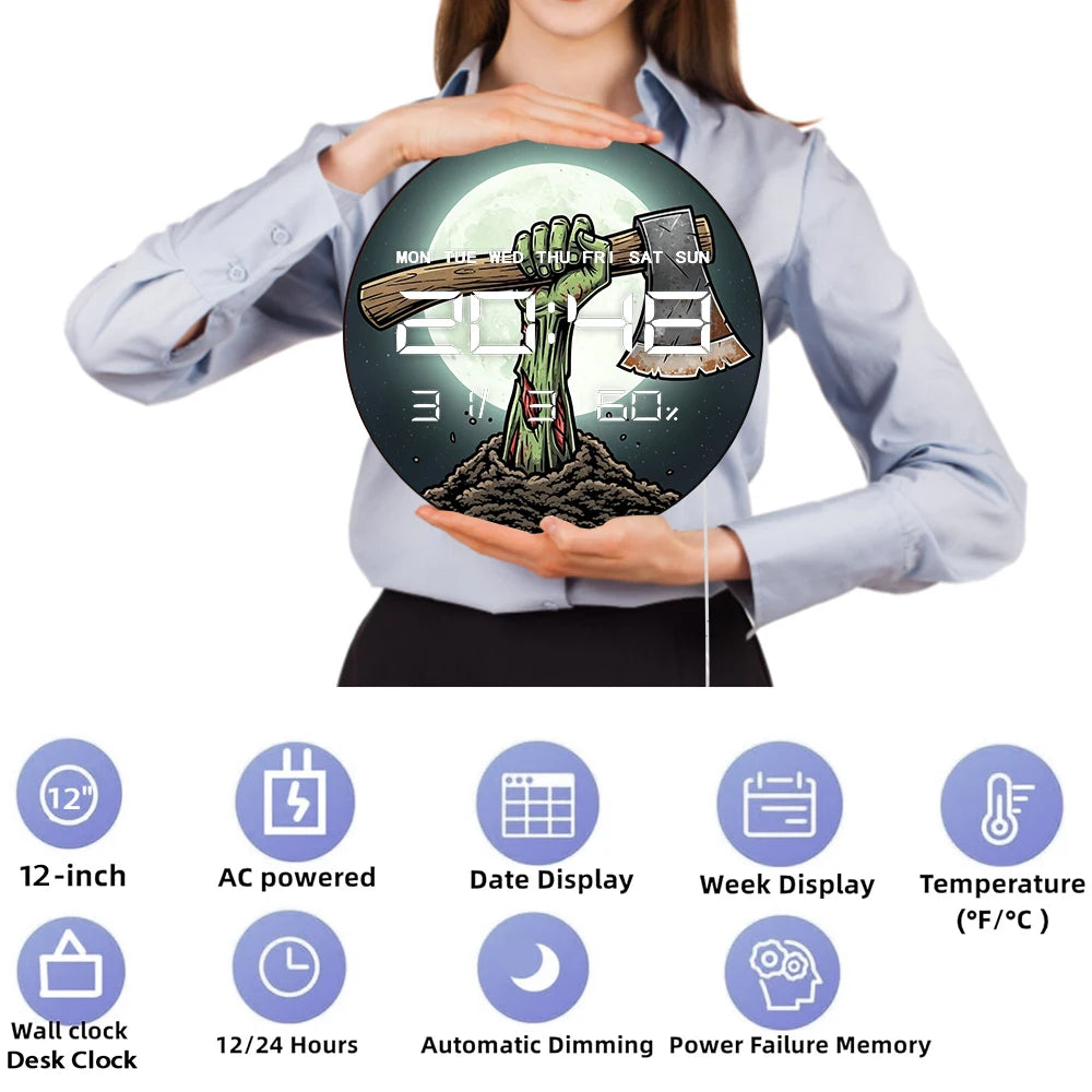 Zombie Arm Holding Axe with Full Moon Electronic Wall Clock with 12/24hr LED Digital Display Calendar Date Temperature Humidity