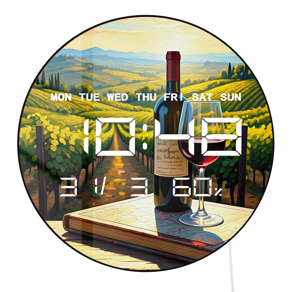 Grape Wine Vineyard Landscape Dual Purpose LED Digital Clock Wall Desk Use Electronic Wall Clock with Calendar Date Temperature