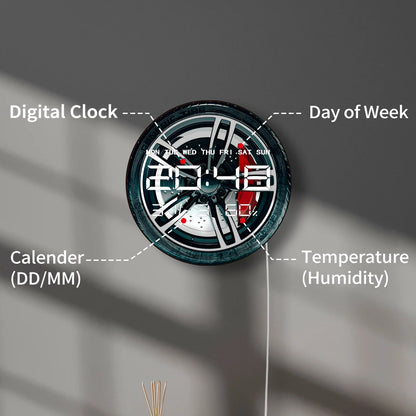 3d Car Tire Wheel LED Digital Wall Clock for Garage Workshop 12/24hr Timer Electronic Wall Clock with Calendar Date Temperature