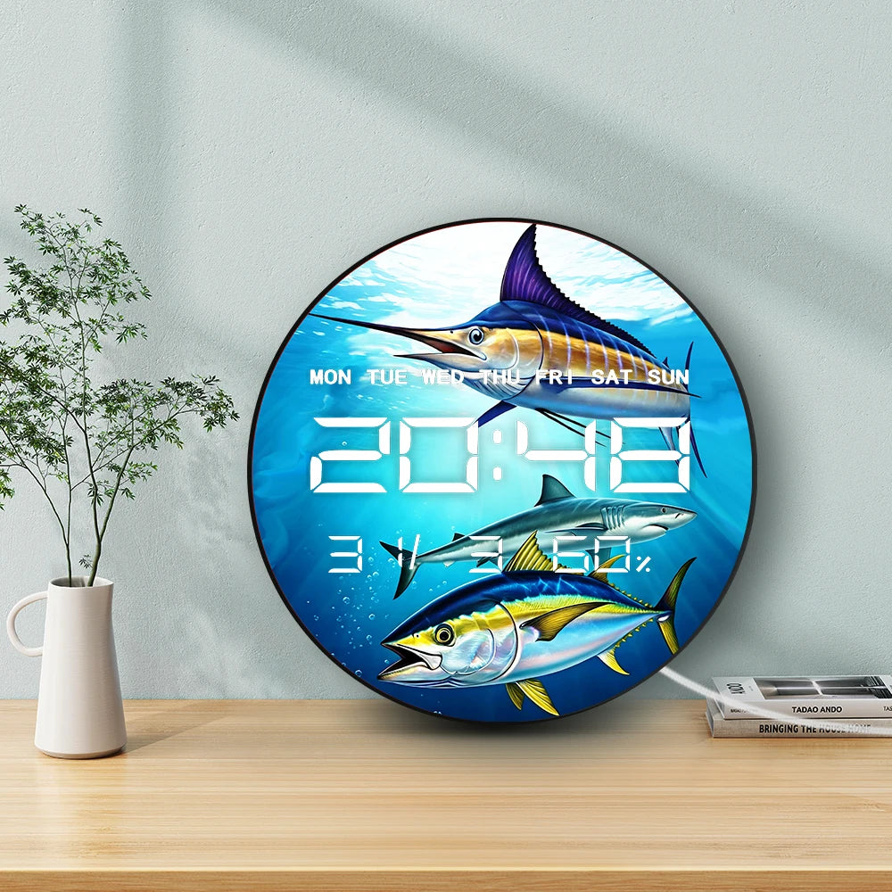 Shark Tuna Kingfish LED Digital Wall Clock with Calendar Date Temperature Atlantic Blue Marlin Art 12/24hr Electronic Wall Clock