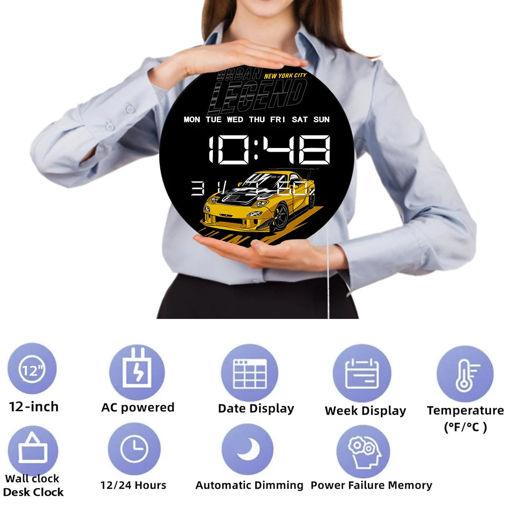 King of The Street Legend Race Car LED Digital Wall Clock Car Racing Drift Style Home Decor Electronic Wall Clock for Car Lovers