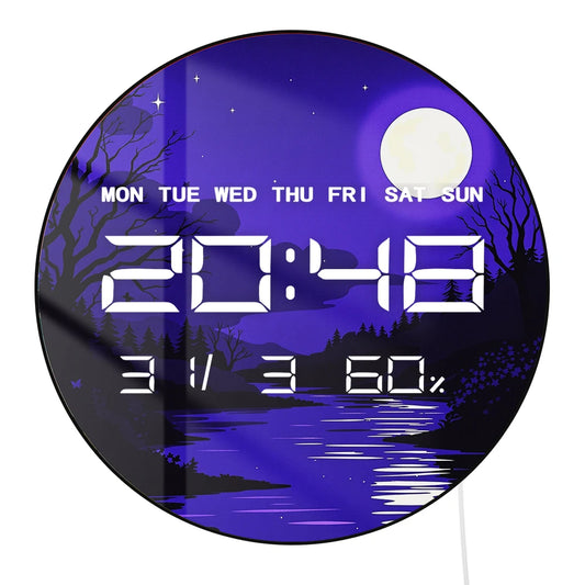 Purple Calm Night Glowing Moon LED Digital Wall Clock with Calendar Date Temperature Auto Dimming 12/24hr Electronic Wall Clock
