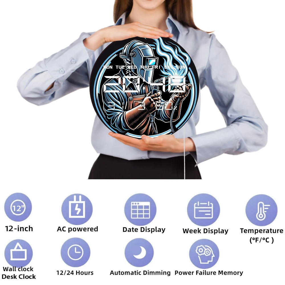 Welding LED Digital Wall Clock with Temperature Humidity Date Calendar Big Display Ironworker Electronic Wall Clock Welder Gift