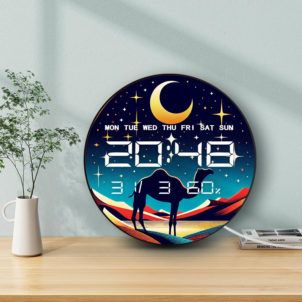 Camel with Crescent Moon LED Digital Wall Clock Gold Accents Desert Home Decor 12/24hr Electronic Wall Clock with Calendar Date