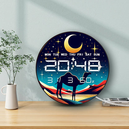 Camel with Crescent Moon LED Digital Wall Clock Gold Accents Desert Home Decor 12/24hr Electronic Wall Clock with Calendar Date