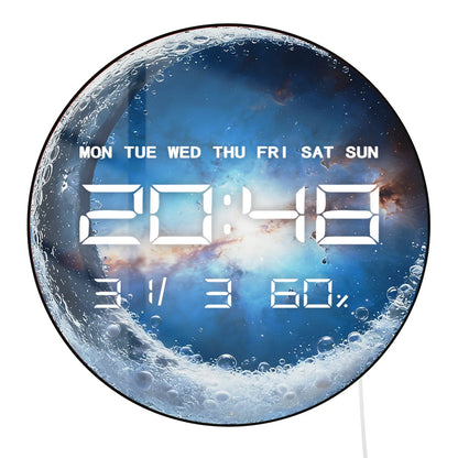 Clear Glass Crescent Moon LED Digital Wall Clock with Calendar Date Temperature Universe Home Decor 12/24hr Electric Wall Clock