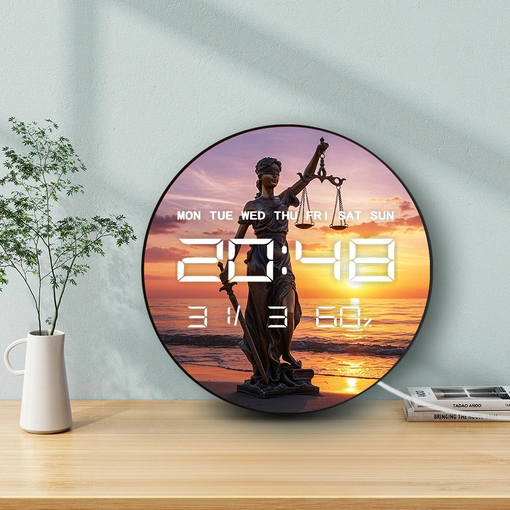 Sunset Beach Lady Justice Statue LED Digital Wall Clock with Calendar Date Temperature Electronic Wall Clock for Law Office Room