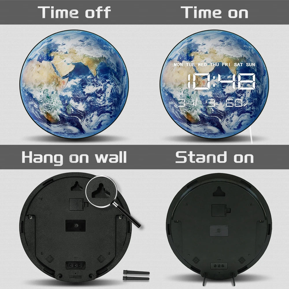 Earth World Globe LED Digital Wall Clock For Bedroom Planet From Space Blue Marble Home Decor Electric Display Desk Table Clock