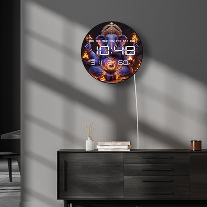 Lord Ganesha with Fire Guardian LED Auto Dimming Digital Clock Timer Electronic Wall Clock Big Display Calendar Date Temperature