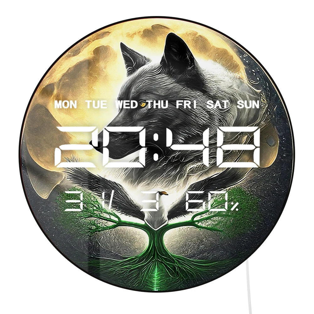 Wildlife Wolf Eagle LED Digital Wall Clock with Calendar Date Temperature Viking Tree of Life Home Decor Electronic Wall Clock