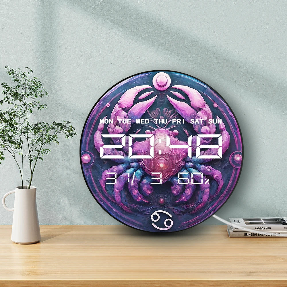 Zodiac Cancer Sign Multifunctional LED Digital Wall Clock Astrology Home Decor Electronic Clock Wall Desk Use July Birthday Gift