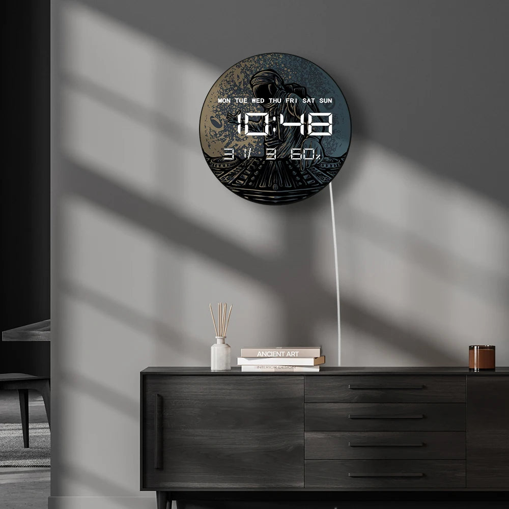 DJ Astronaut At The Moon LED Digital Print Wall Clock Funny Astronaut Music Party Cosmic Turntable Design Electronic Wall Clock
