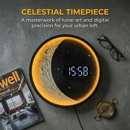 Moon Phase Metal Frame Wall Clock LED Digital Time Display Gentle Glow Resin Lunar Texture Space Home Decor Electric Wall Clock