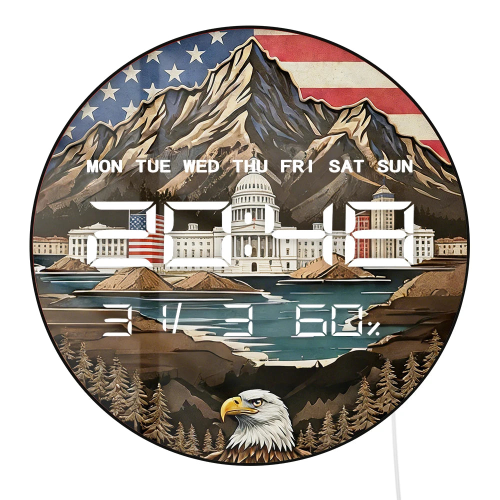 Tennessee Mountains With American Flag Eagle LED Digital Wall Clock Patriotic Home Decor 12/24hour Timer Electronic Wall Clock