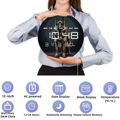 Guard Dog German Shepherd Modern Design Wall Clock with Timer Date Temperature Display Puppy Pet Memorial Digital Wall Clock