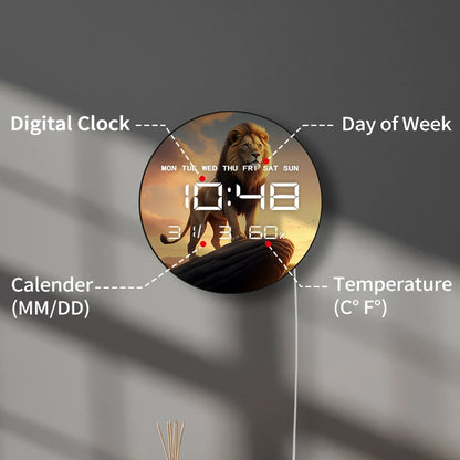 Lion on Pride Rock Large Digital Wall Clock Safari Animal Home Decor Electronic Wall Clock with Timer Date Temperature Display