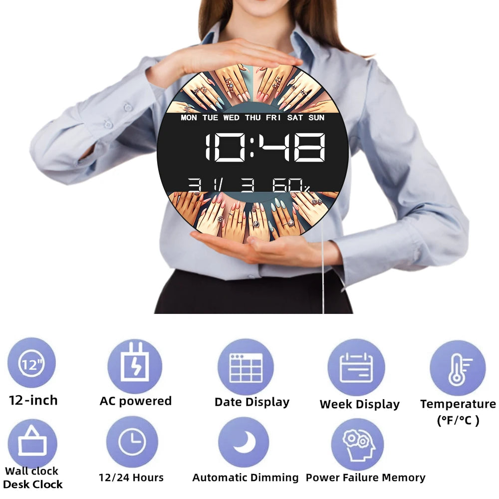 Nail Tech Fashion Hand Electronic Wall Clock for Beauty Salon Studio Female Hands Art Digital Wall Clock Large Numeric Display